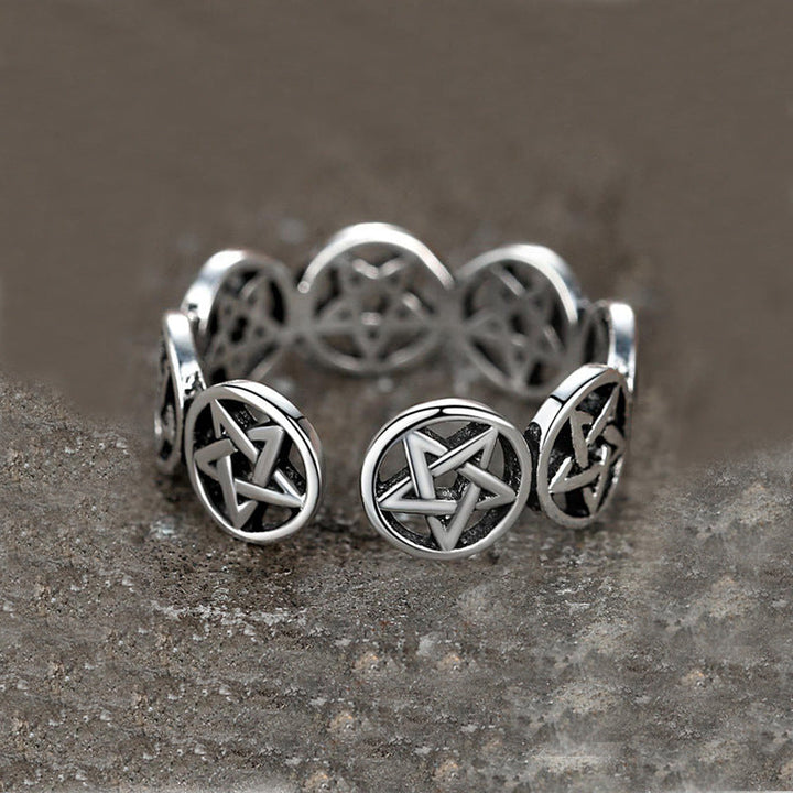 Handgefertigter tibetischer Pentagramm-Schmuckring aus echtem S925 Silber, spirituelles Symbol.