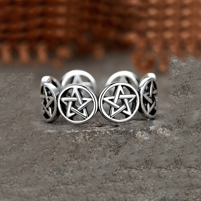 Verstellbarer Unisex-Pentagramm-Ring aus S925 Silber, tibetisches Schutz- & Esoterik-Symbol.