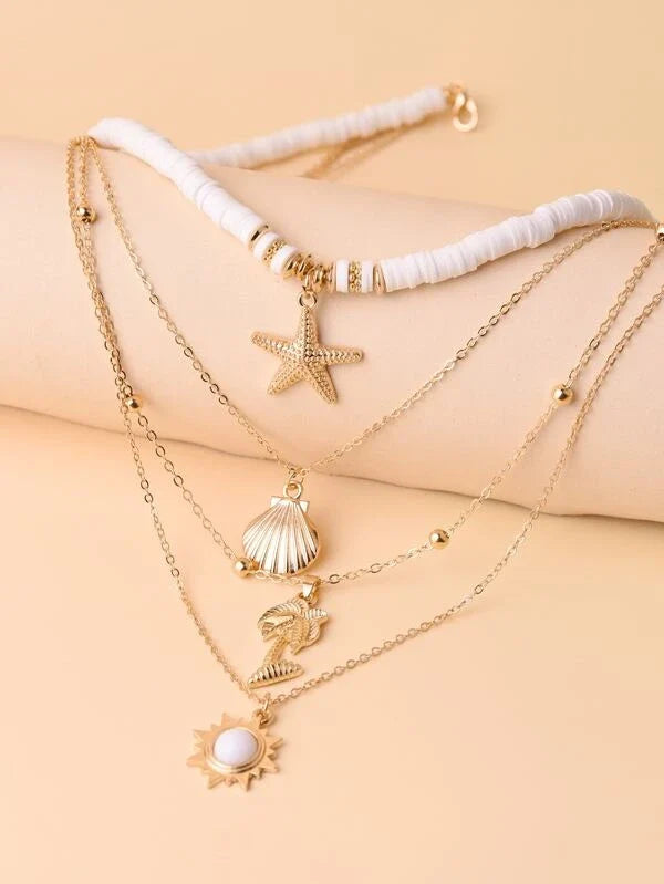Maritime Damen Halskette mit Seestern & Muschel. Mehrschichtiger Edelstahl-Schmuck für den perfekten Strand-Look, Boho-Style.