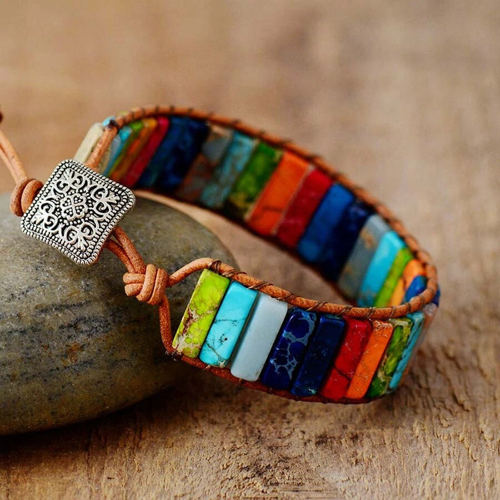 Naturstein Regenbogen-Jaspis Armband mit tibetischem Leder, Unisex-Schmuck, Geschenkidee.