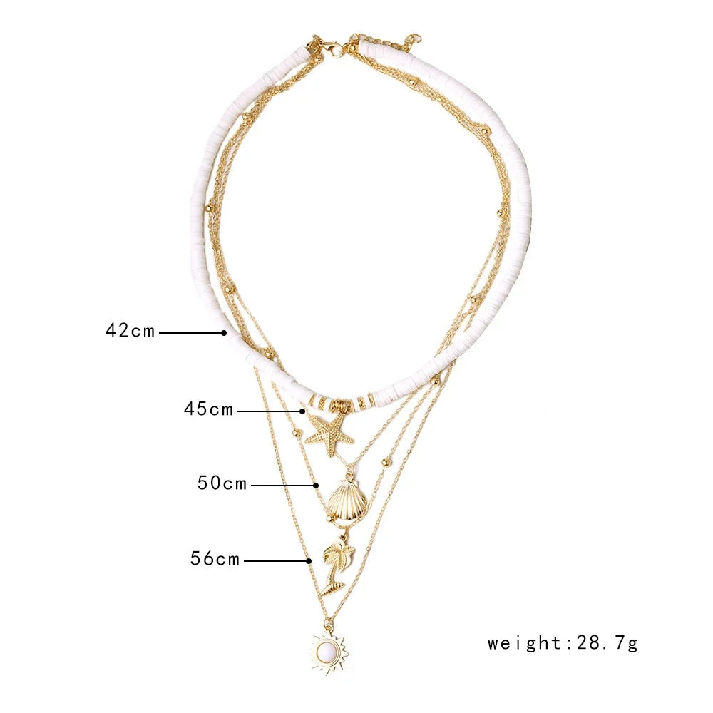 Geschenk: Damen Seestern Halskette, mehrschichtig mit Muschel-Details. Verstellbarer Edelstahlschmuck, maritim-elegant.