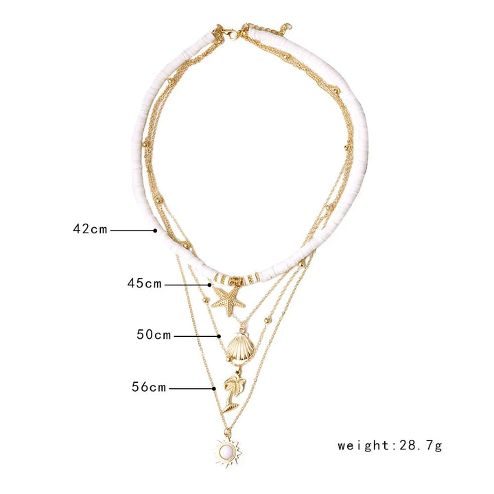 Geschenk: Damen Seestern Halskette, mehrschichtig mit Muschel-Details. Verstellbarer Edelstahlschmuck, maritim-elegant.
