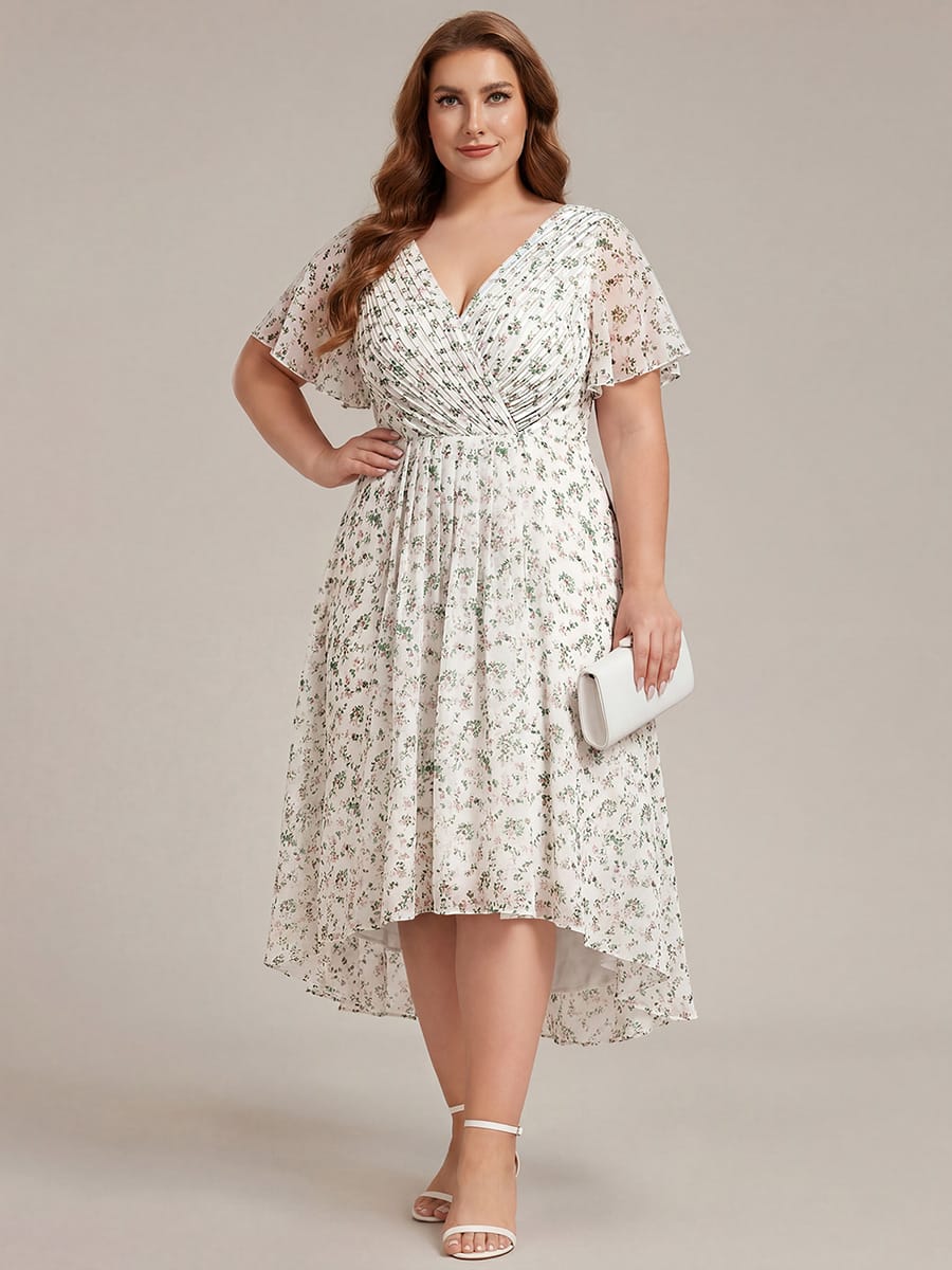 Chices Rotes Vokuhila Festkleid für Damen. Midi-Länge, Kurzarm, A-Linie, perfekt für Hochzeiten.