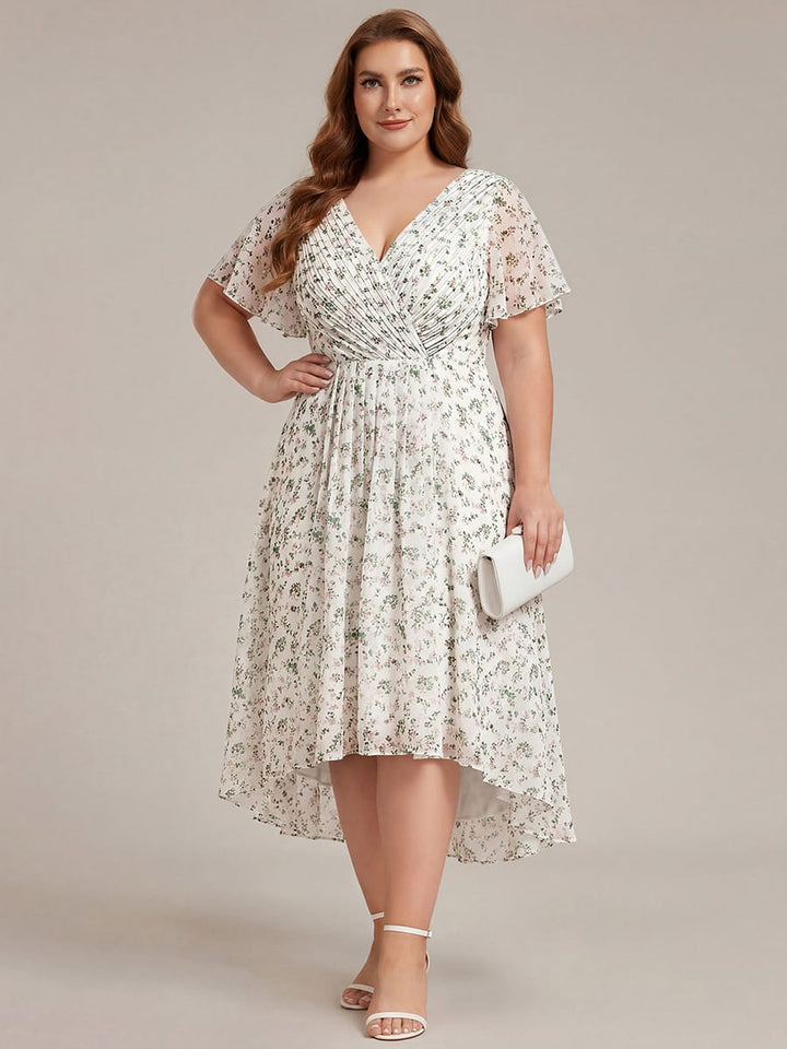 Chices Rotes Vokuhila Festkleid für Damen. Midi-Länge, Kurzarm, A-Linie, perfekt für Hochzeiten.