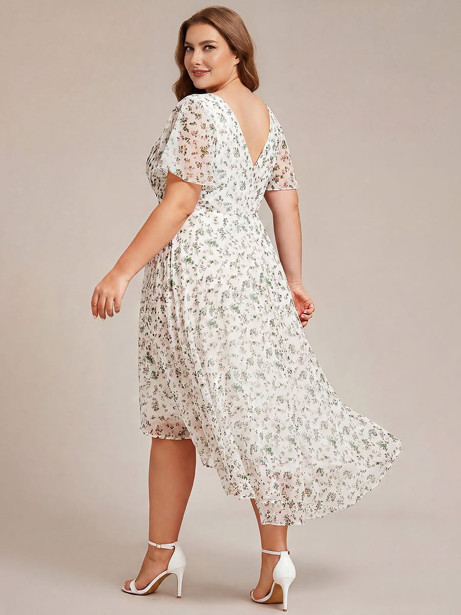 Chices Weißes Vokuhila Festkleid für Damen. Midi-Länge, Kurzarm, A-Linie, perfekt für Hochzeiten.