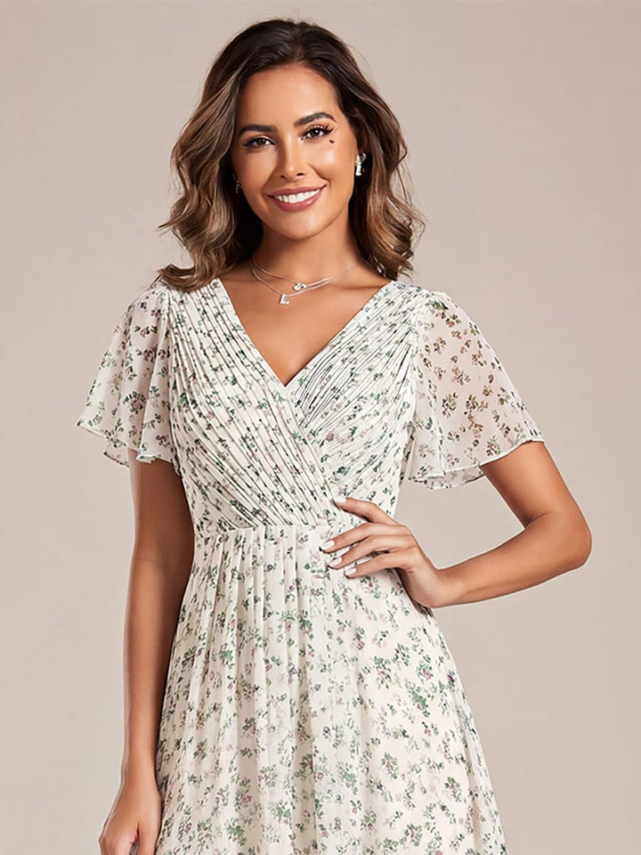 Chices Hellblaues Vokuhila Festkleid für Damen. Midi-Länge, Kurzarm, A-Linie, perfekt für Hochzeiten.