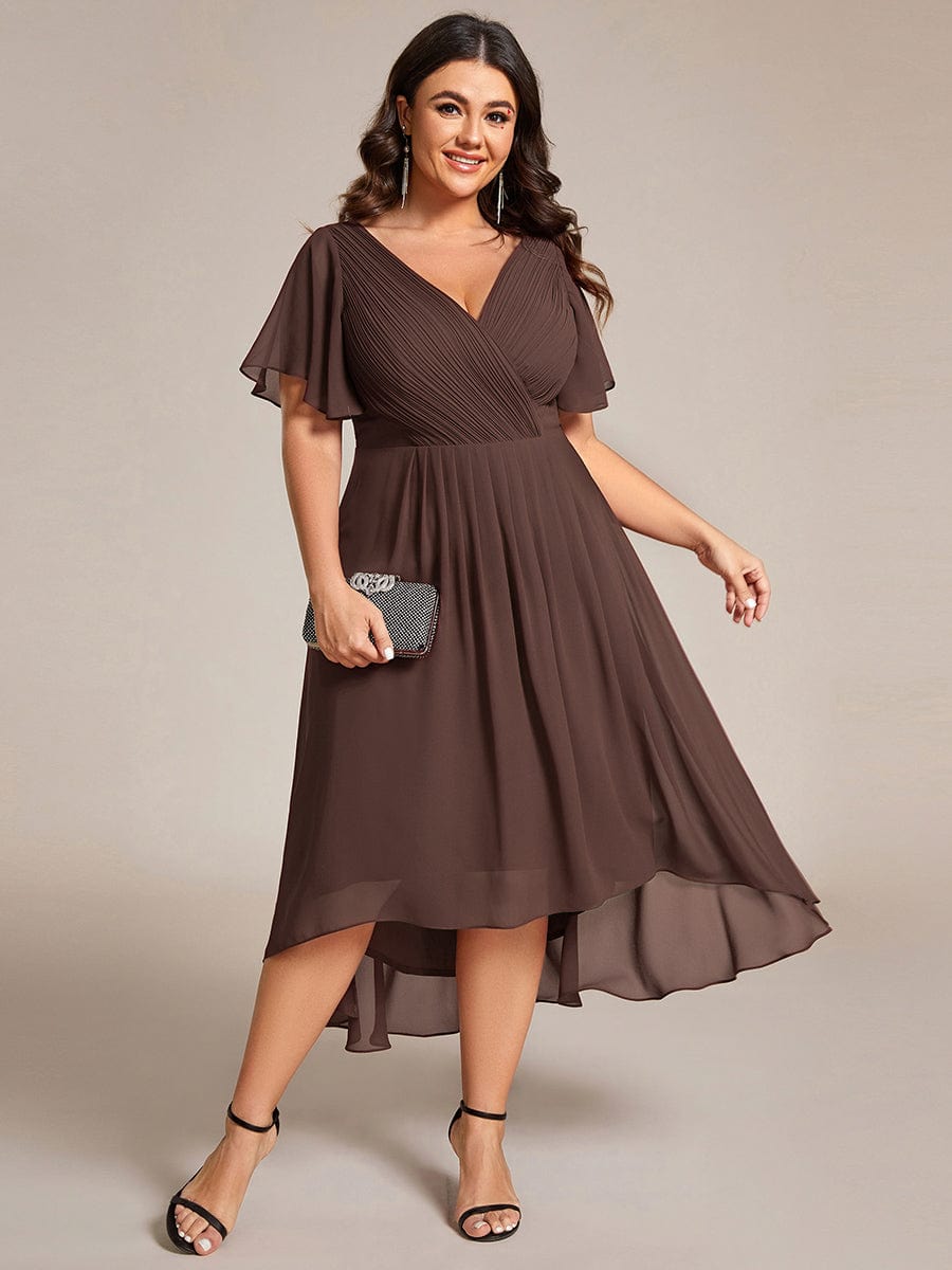 Chices Goldenes Vokuhila Festkleid für Damen. Midi-Länge, Kurzarm, A-Linie, perfekt für Hochzeiten.