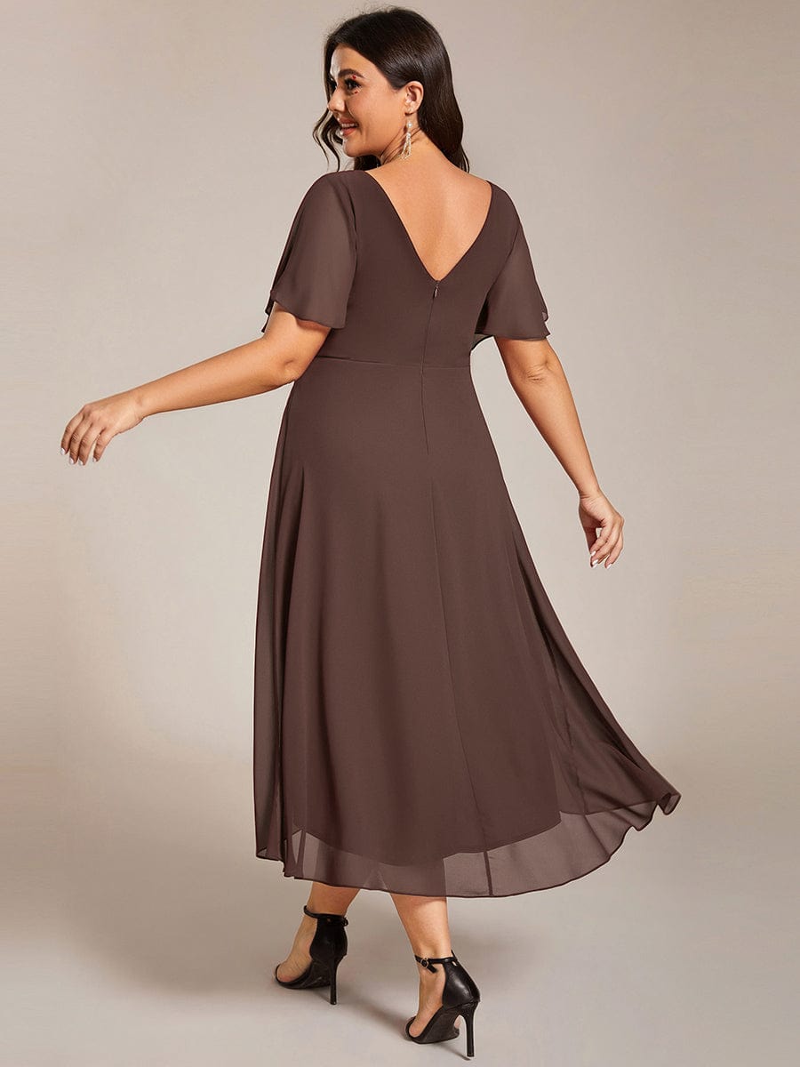 Chices Türkises Vokuhila Festkleid für Damen. Midi-Länge, Kurzarm, A-Linie, perfekt für Hochzeiten.