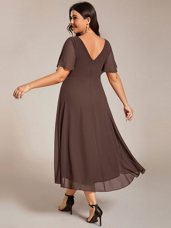 Chices Türkises Vokuhila Festkleid für Damen. Midi-Länge, Kurzarm, A-Linie, perfekt für Hochzeiten.