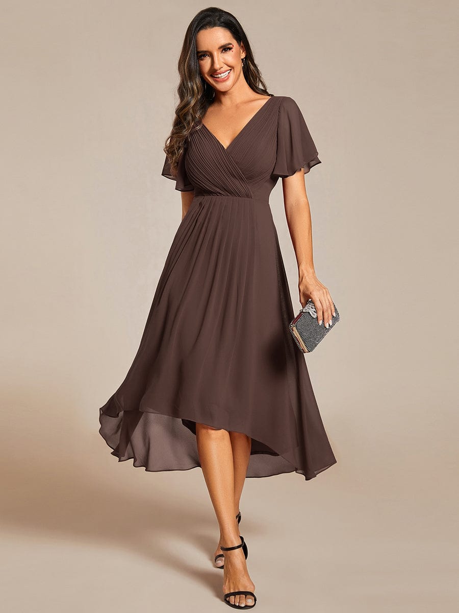 Chices Puderrosa Vokuhila Festkleid für Damen. Midi-Länge, Kurzarm, A-Linie, perfekt für Hochzeiten.