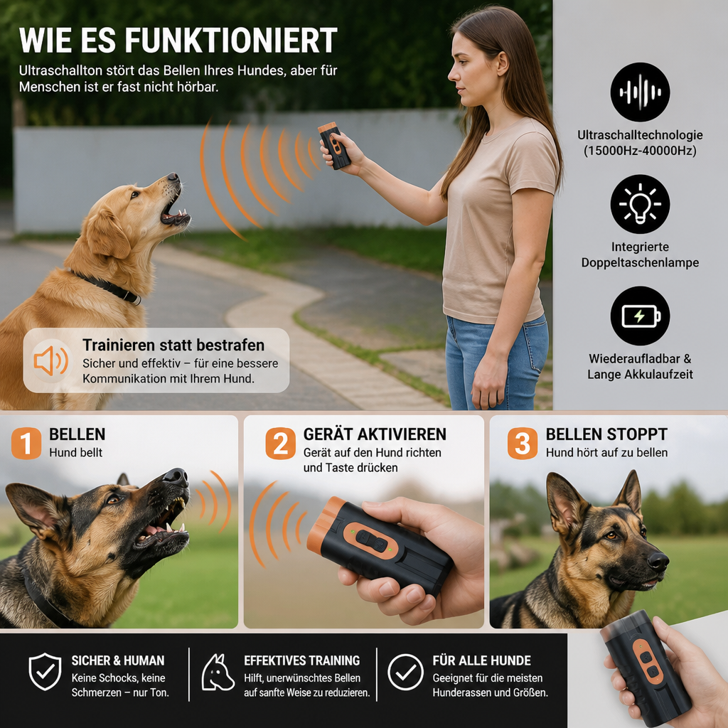 Handliches Anti-Bell-Gerät mit Ultraschall für ruhiges Hundetraining. Verbessert das Verhaltenstraining.