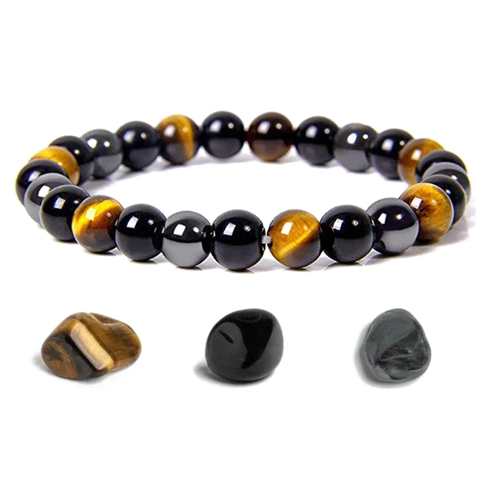 Unisex Dreifach-Schutzarmband aus Obsidian, Tigerauge & Hämatit. Kraftvolle Heilsteine für Balance.