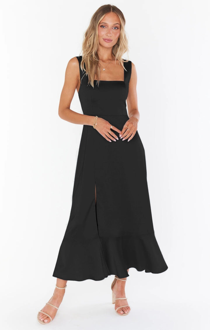 Festliches Damen Maxikleid mit sexy Schlitz & Gürtel, ideal für Abend, Feier oder Hochzeit. Schick.
