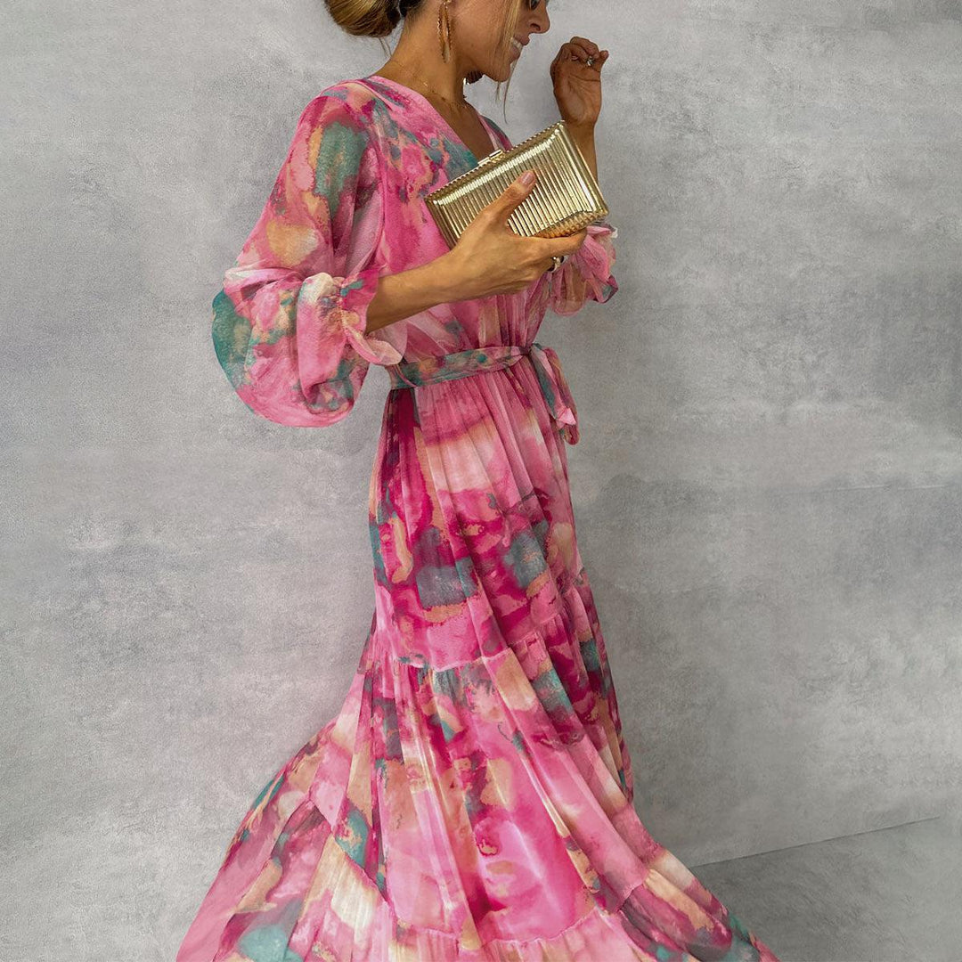 Elegantes Damen Maxi Kleid mit floralem Blumenmuster, V-Ausschnitt & stilvollen Laternenärmeln, perfekt für Sommerfeste.