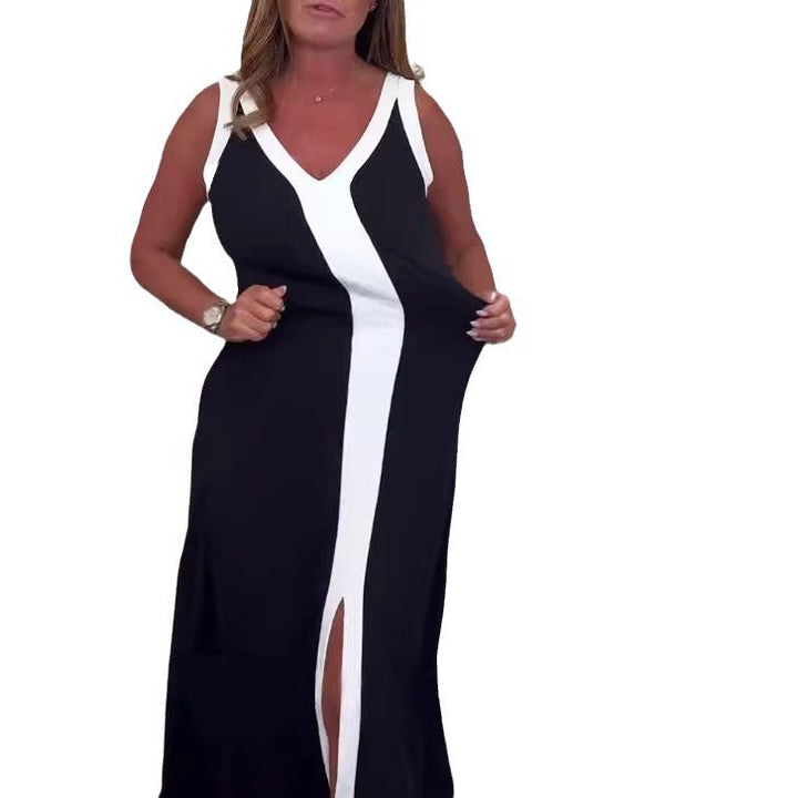 Schickes Damen Sommer Maxikleid mit Colorblock-Design, V-Ausschnitt und Schlitz, ideal für Abend-Events.