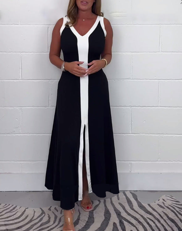 Elegantes Damen Maxikleid mit Colorblock-Streifen, V-Ausschnitt und hohem Schlitz. Perfekt als Sommer- oder Partykleid.