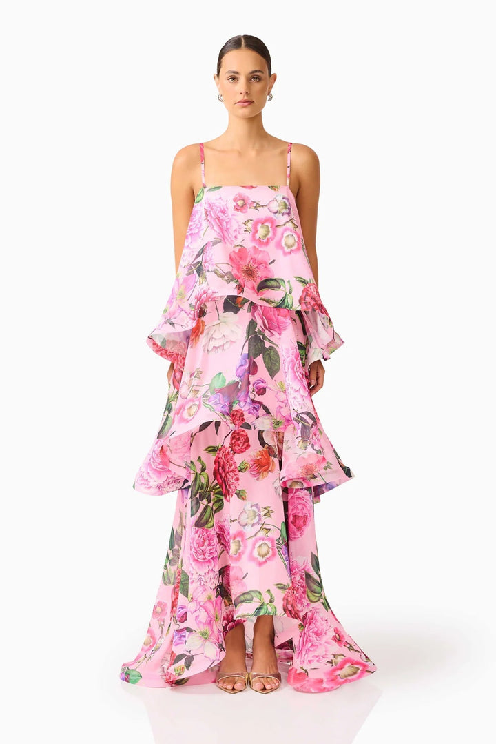 Elegantes Damen Maxi Blumenkleid für Hochzeitsgäste. Romantisches Volantkleid mit Blumenmuster.