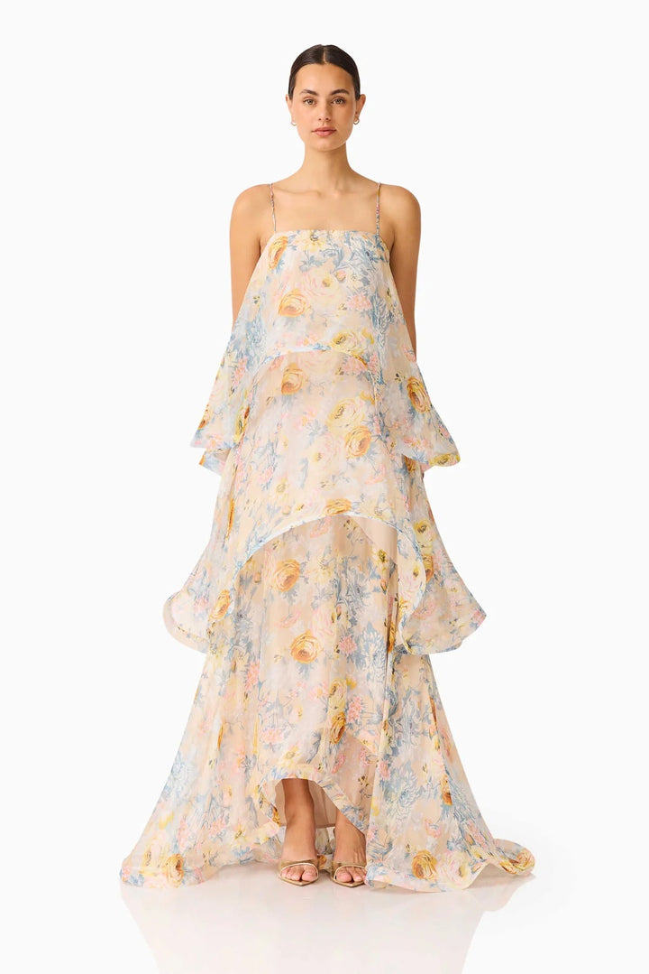 Sommerliches Damen Maxi Volantkleid. Langes Kleid mit floralem Print, perfekt für festliche Anlässe.