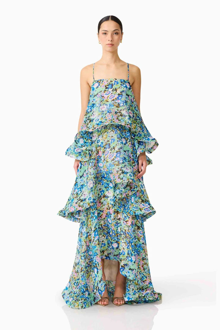 Damen Maxi Kleid mit gestuften Volants und romantischem Blumendruck. Ideales Sommer- oder Festkleid.