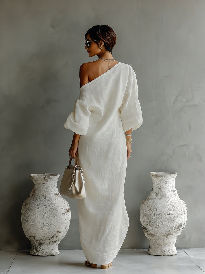 Asymmetrisches Damen Maxi-Kleid mit dramatischem One-Shoulder & eleganten Volumenärmeln. Ideal für Frühling/Sommer.
