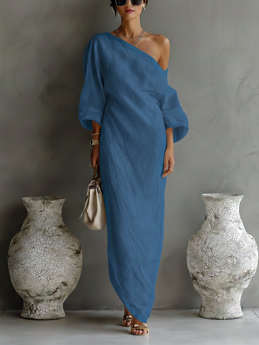 Festliches Damen Maxi-Kleid für Hochzeit & Gala. One-Shoulder Design mit stylischen Volumenärmeln & asymmetrischem Schnitt.