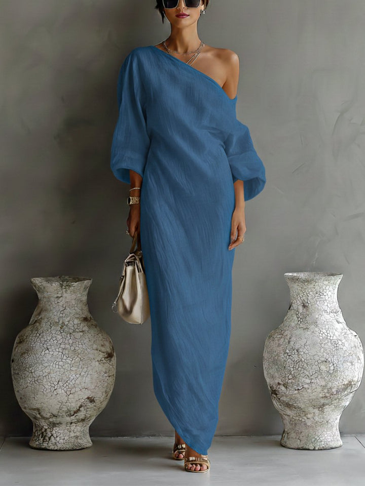 Festliches Damen Maxi-Kleid für Hochzeit & Gala. One-Shoulder Design mit stylischen Volumenärmeln & asymmetrischem Schnitt.