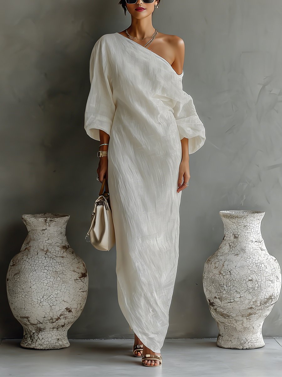Damen One-Shoulder Maxi-Kleid mit Volumen-Ärmeln, elegant für Gala, Hochzeit oder festliche Anlässe.