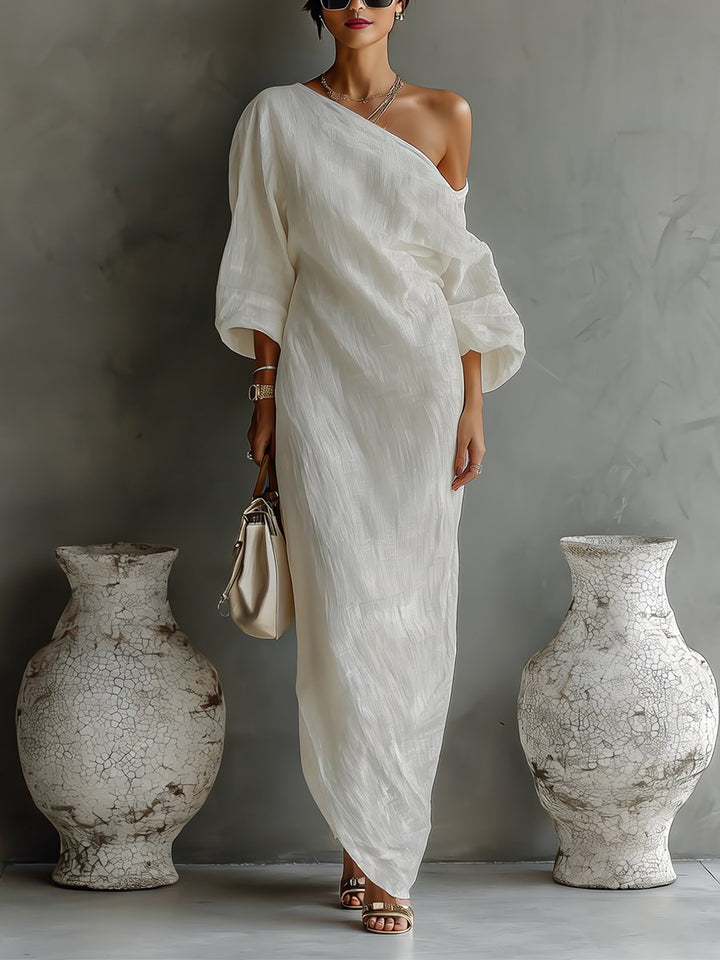 Damen One-Shoulder Maxi-Kleid mit Volumen-Ärmeln, elegant für Gala, Hochzeit oder festliche Anlässe.