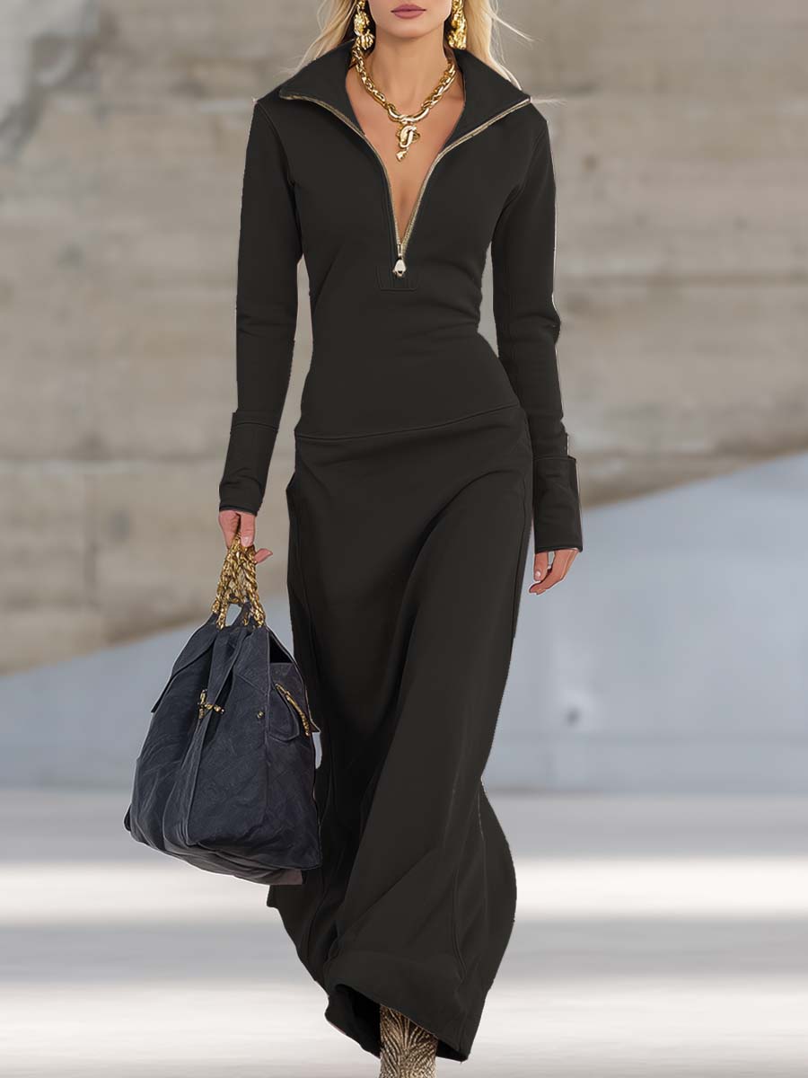 Modernes Damen Maxikleid in Unifarbe. Langarmkleid mit praktischem Zip-Kragen. Ideal für Übergangslooks.