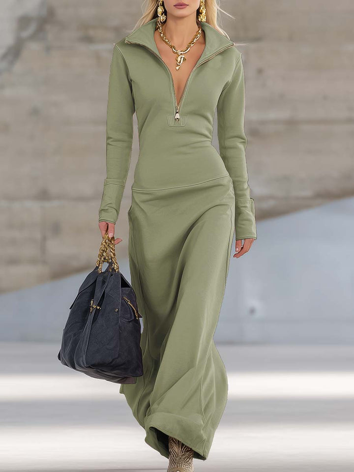 Schickes figurbetonendes Damen Maxikleid. Elegantes Langarmkleid mit Zip-Kragen für besondere Anlässe.