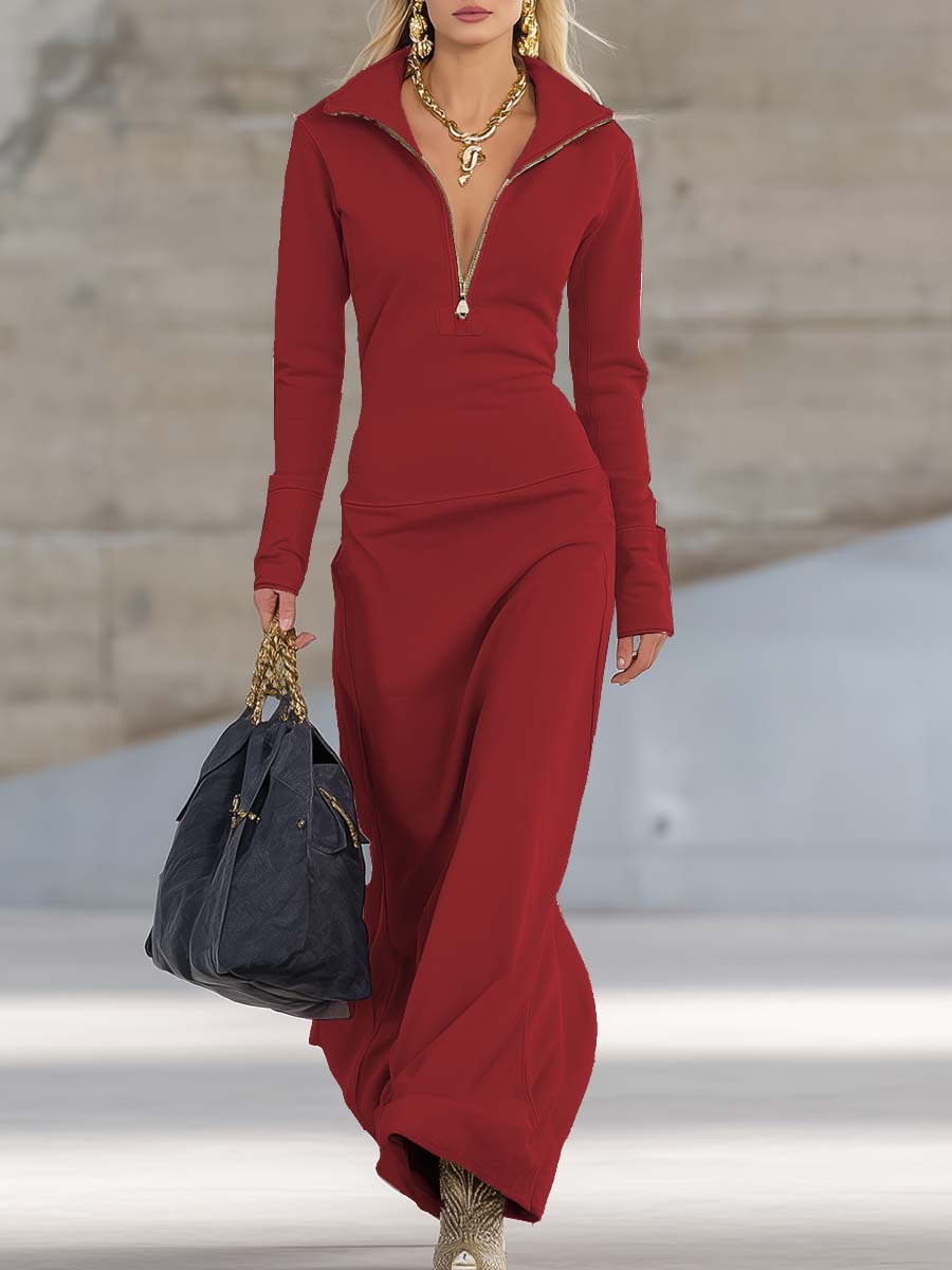 Modernes, schmal geschnittenes Damen Maxikleid. Langarm Bodycon Kleid mit stilvollem Zip-Kragen.