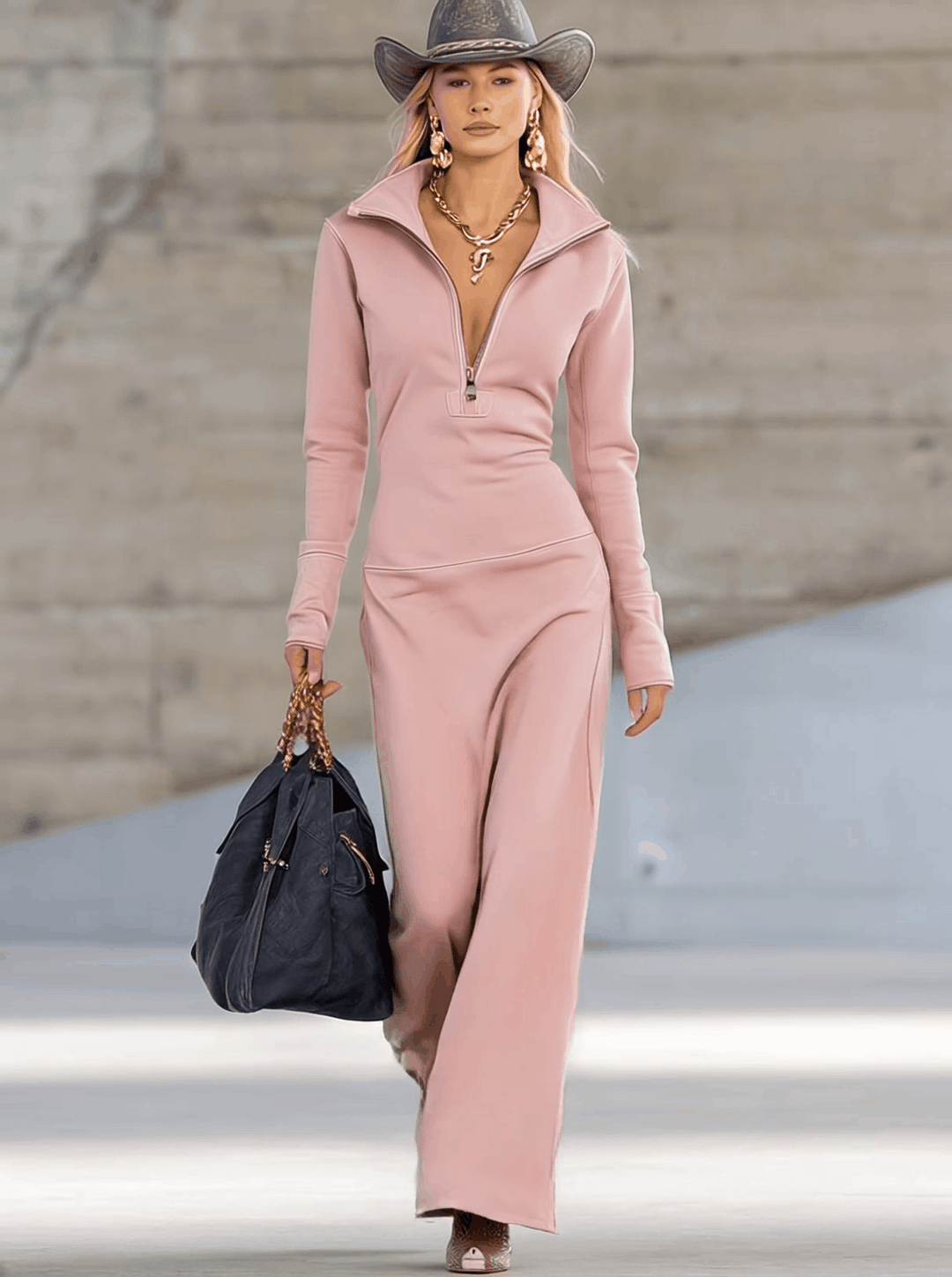 Figurbetonendes Damen Maxikleid mit Langarm & Zip-Kragen. Elegantes Bodycon Kleid für Herbst, Winter & Übergang.