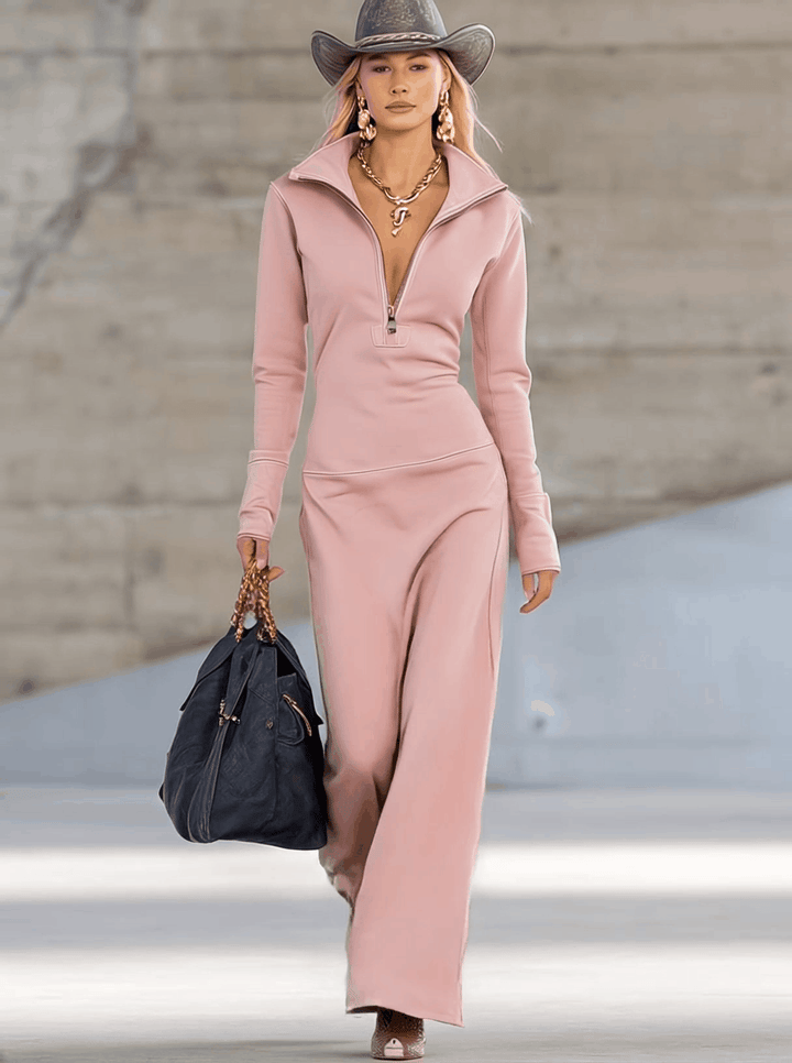 Figurbetonendes Damen Maxikleid mit Langarm & Zip-Kragen. Elegantes Bodycon Kleid für Herbst, Winter & Übergang.