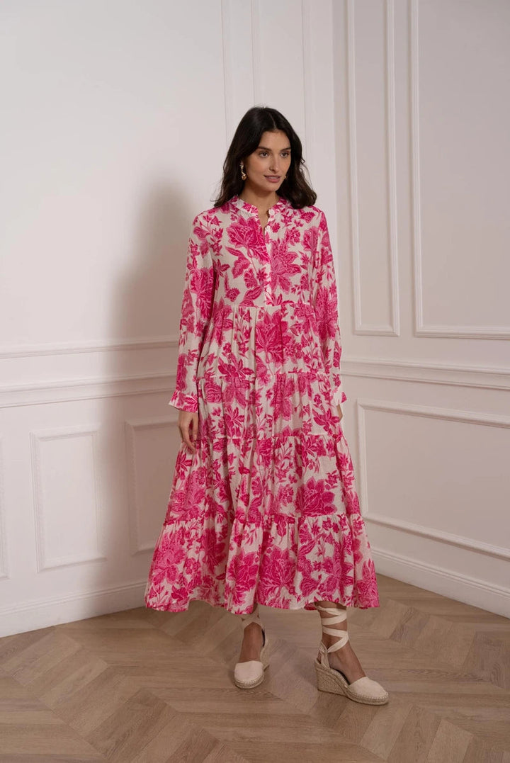 Elegantes Damen Maxikleid, Langarm, Ballonärmel & gestufter Rock. Florales Boho-Sommerkleid.