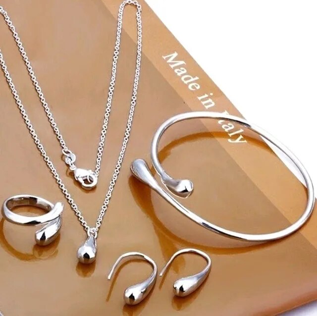 Elegantes 4-teiliges Damen S925 Sterlingsilber Schmuckset mit Wassertropfen-Design, perfekt als Geschenk.
