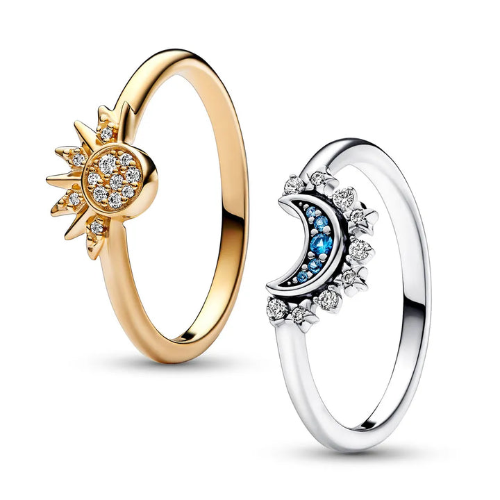 Eleganter Silberring für Damen, besetzt mit funkelnden Mond-Sonne Kristallen, als stilvolles Accessoire.