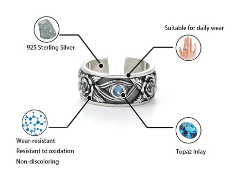 Spiritueller Silberring mit graviertem Auge des Horus, Unisex Talisman für Stärke.