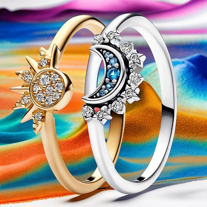 Edler Damen-Silberring mit schimmernden Mond-Sonne Kristallen, perfekt als eleganter Schmuck.