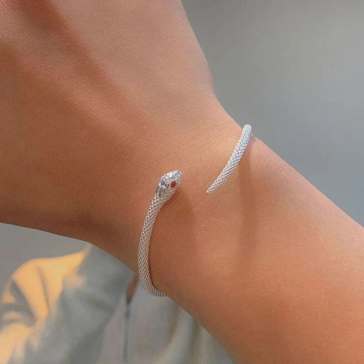 Unisex Schlangenarmband Silber, getragen. Ausdrucksstarker Statement-Schmuck, verstellbar & elegant.
