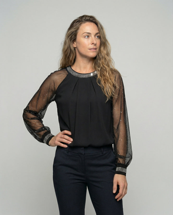 Modisches Damen Langarm Mesh Top mit transparenten Ärmeln und subtilem Glitzer für vielseitige Looks.