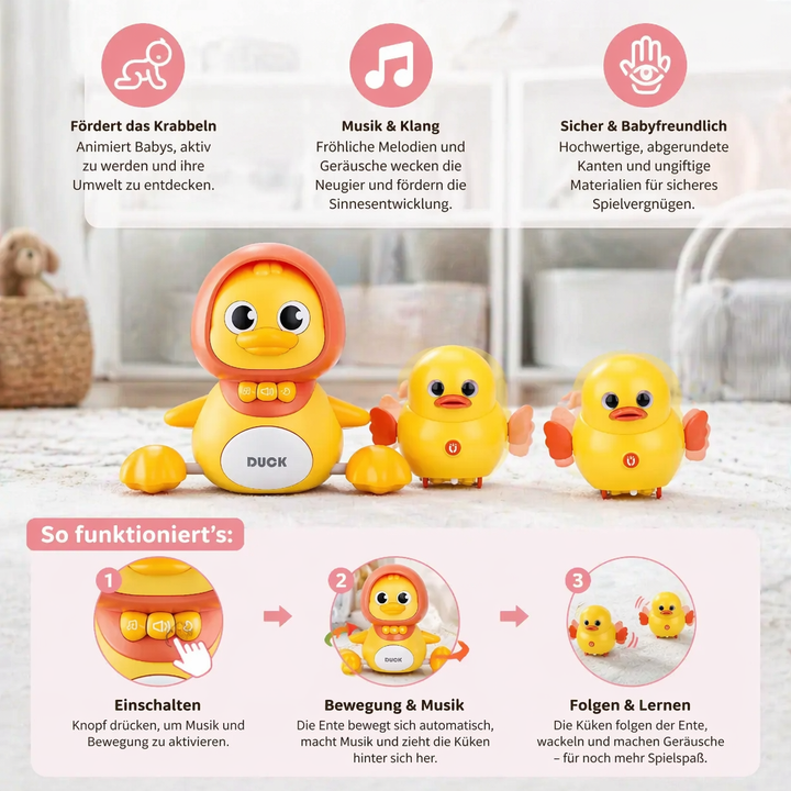 Interaktives Entenfamilie Lernspielzeug mit Musik für Babys; unterstützt die frühe Entwicklung.