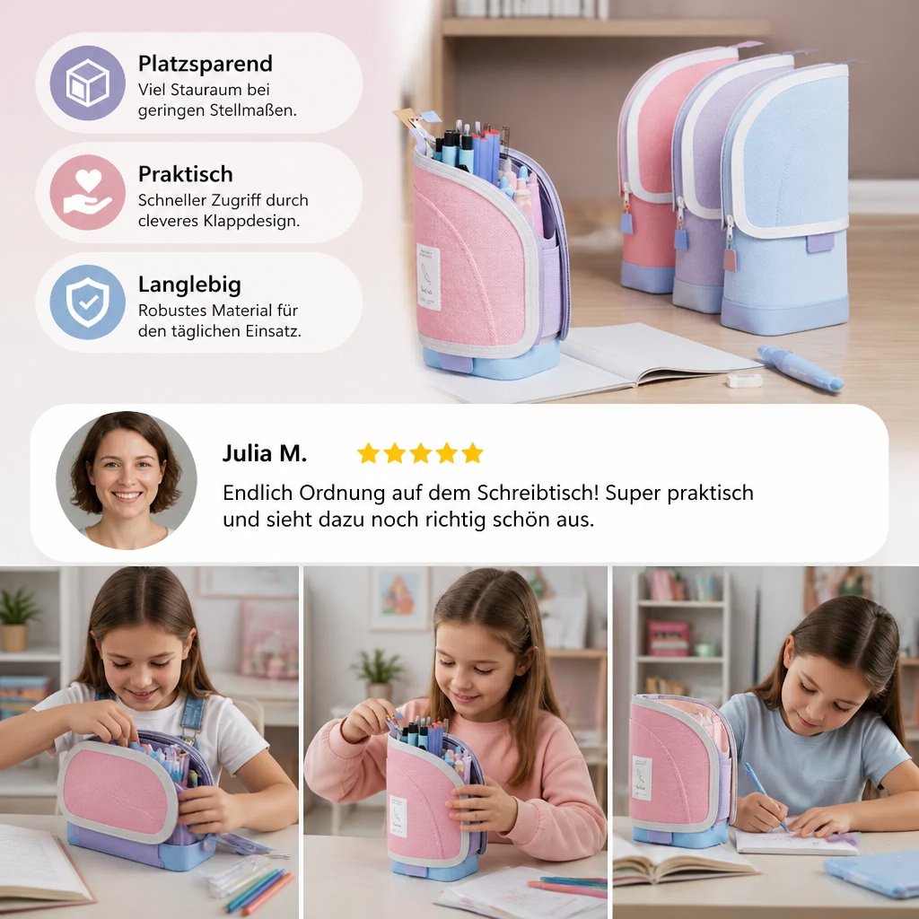 Stilvoller Schreibtisch-Organizer: Pop-Up Federmäppchen hält Stifte & Schreibwaren ordentlich in Schule & Büro.