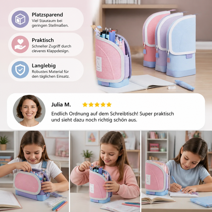 Stilvoller Schreibtisch-Organizer: Pop-Up Federmäppchen hält Stifte & Schreibwaren ordentlich in Schule & Büro.