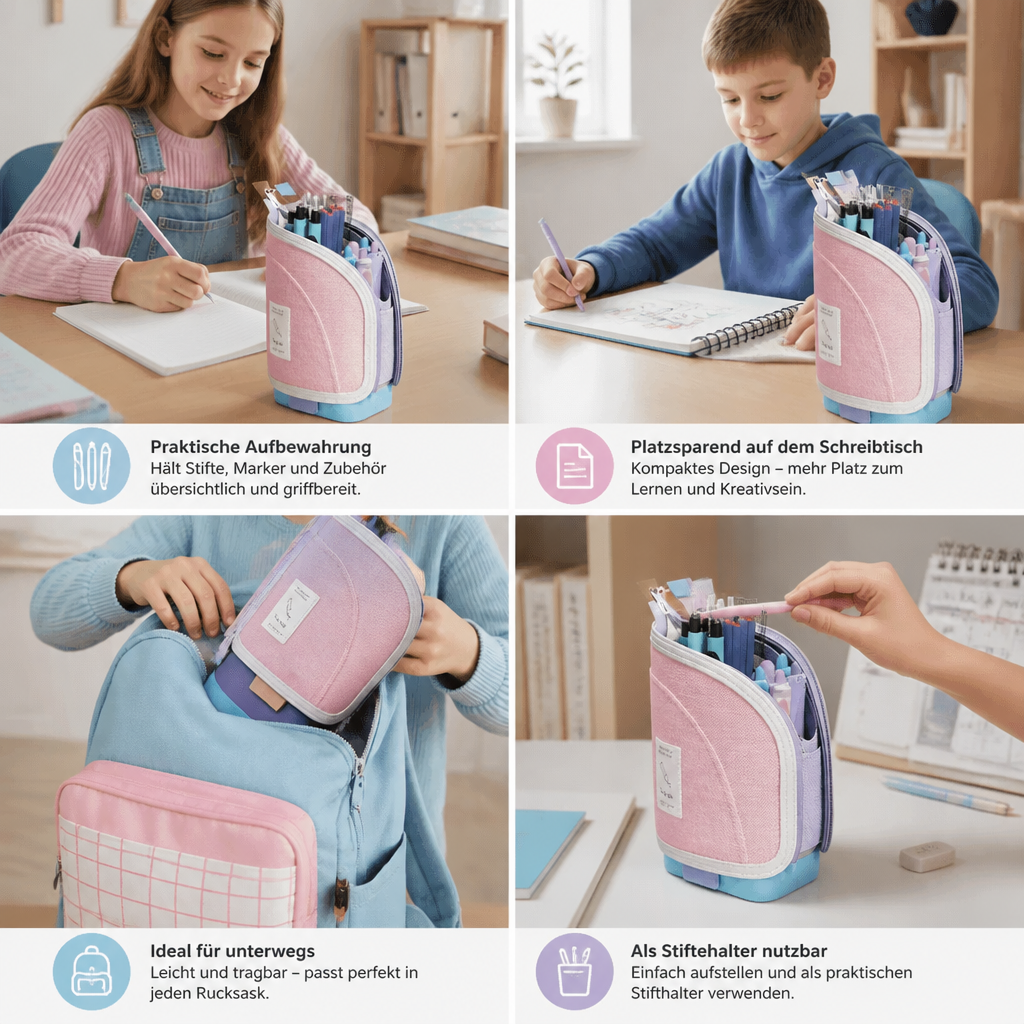 Modernes Pop-Up Etui für Stifte, ideal als Schreibtisch-Organizer & flexible Aufbewahrung für Schüler & Studenten.