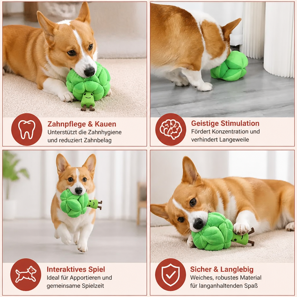 Interaktives Hundespielzeug, Schnüffelmatte im Brokkoli-Design, ideal für Leckerli-Verstecke und Beschäftigung.