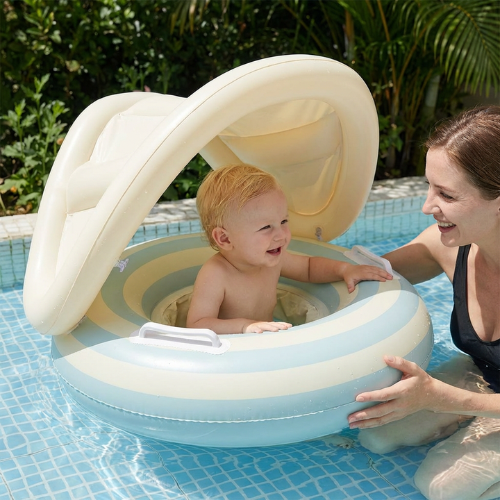 Aufblasbarer Baby-Schwimmring Retro-Muster, integrierter Sonnenschutz; ideale Schwimmhilfe für Babys.