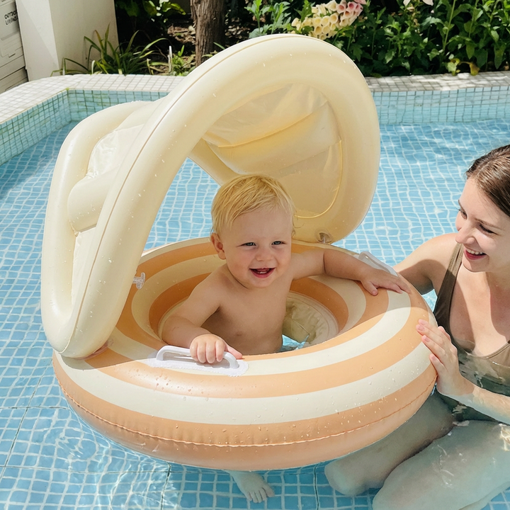 Detailreicher Baby-Schwimmring Retro Lollipop, aufblasbar, mit Sonnenschutz für sicheren Badespaß.