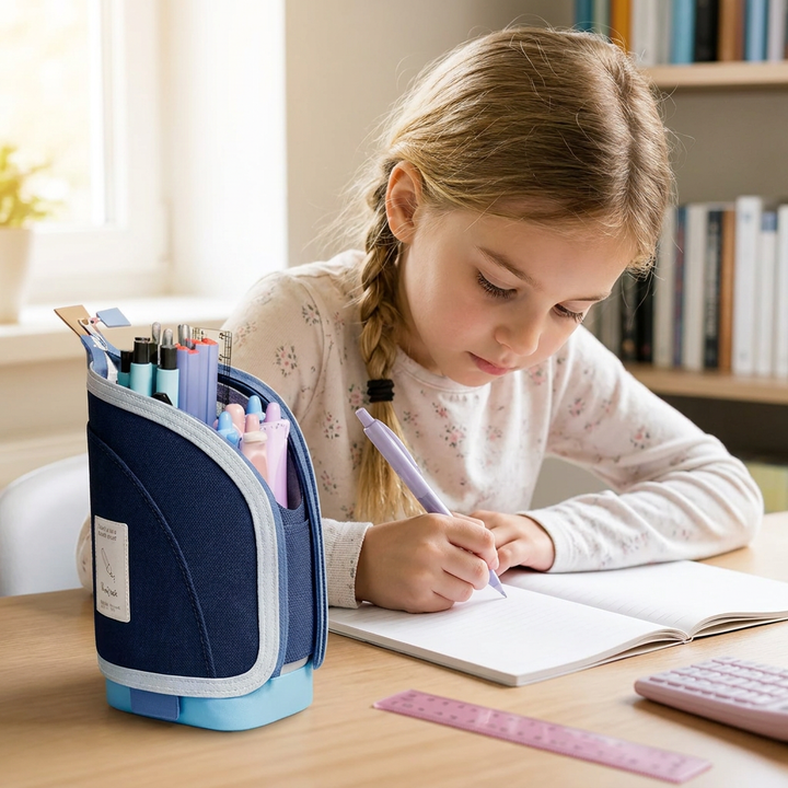 Innovatives Pop-Up Federmäppchen, das sich in einen stabilen Stiftehalter für den organisierten Schreibtisch verwandelt.