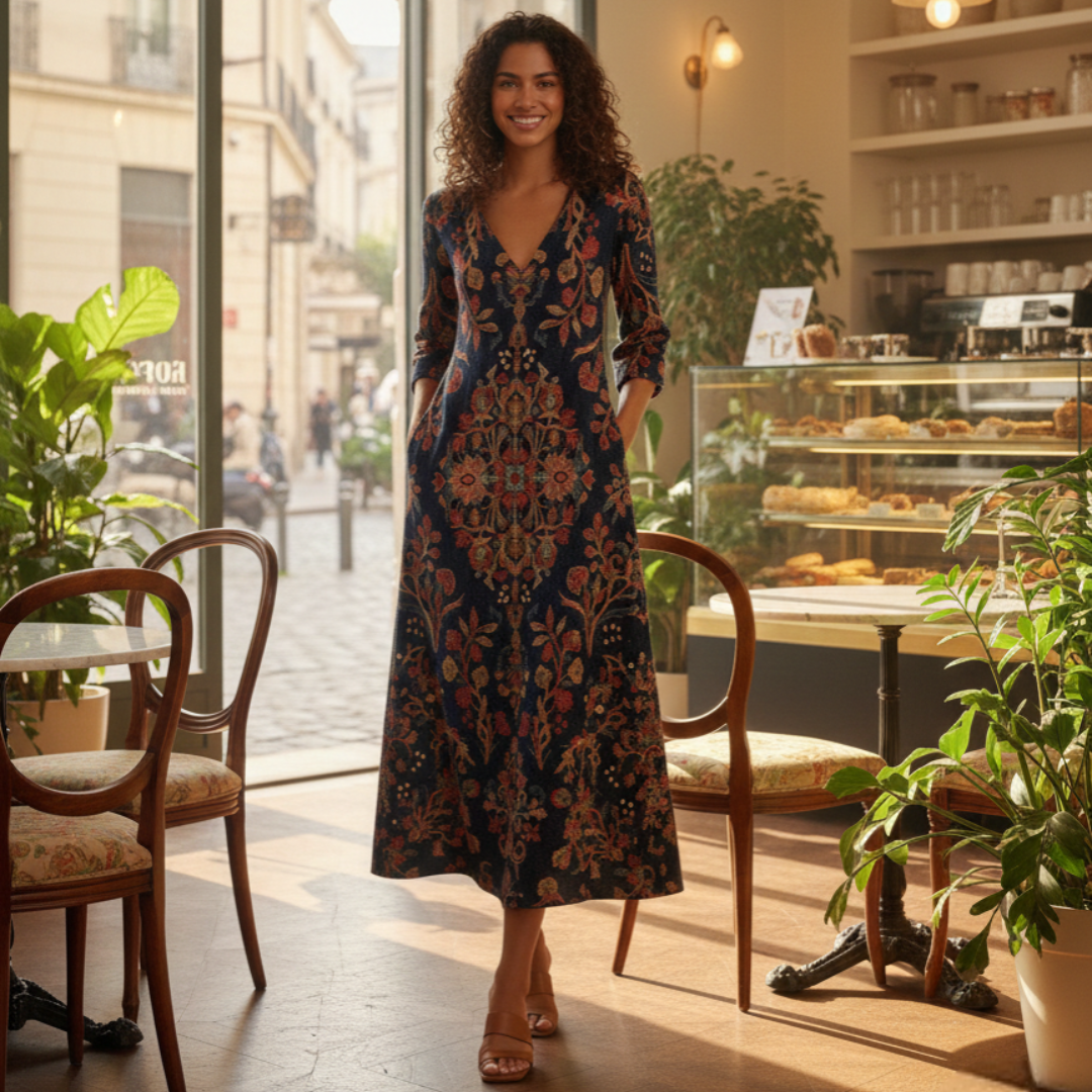 Modisches dunkelbraunes Boho Midi Kleid für Damen mit V-Ausschnitt und Blumenmuster; perfekt als Freizeit- oder Elegantes Kleid.