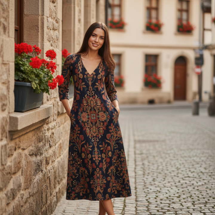 Dunkelbraunes Damen Midi Langarmkleid mit fließendem Stoff, elegantem V-Ausschnitt und ausdrucksstarkem orientalischen Boho Print.
